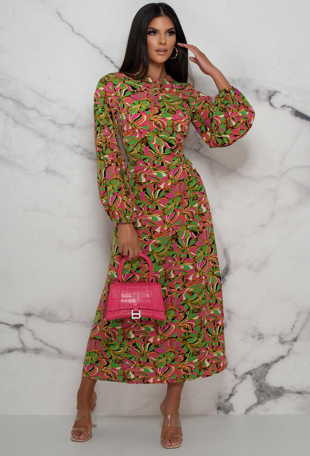 Sun Rays Green Long Sleeve Floral Maxi ...